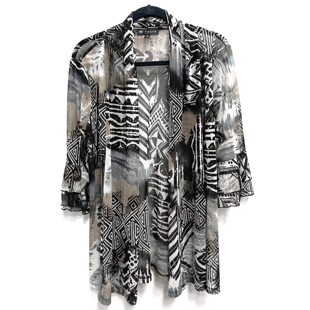 N TOUCH Wearable Art Cardigan Womens Small Black Brown Abstract Sheer‎ Mesh